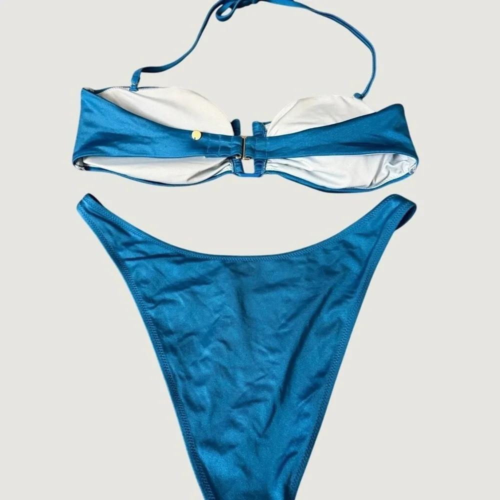 Victorias Secret Teal Blue Metallic Bandeau Bikini Set Gold Hardware Medium VS - Picture 2 of 4